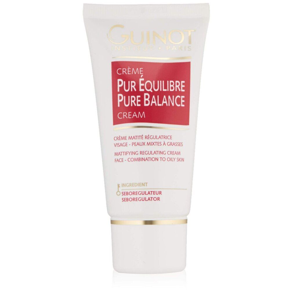Tubo bianco e rosso con nome del prodotto e marchio. Testo: Crème Pur Équilibre, Pure Balance Cream, per pelli miste.