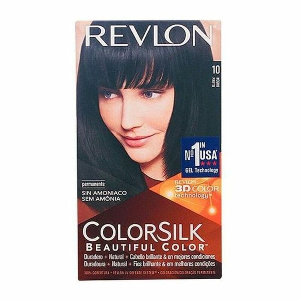 Confezione di tintura per capelli. Contiene Colorsilk 10 Black. Immagine di donna con capelli neri. Testo: Senza ammoniaca.