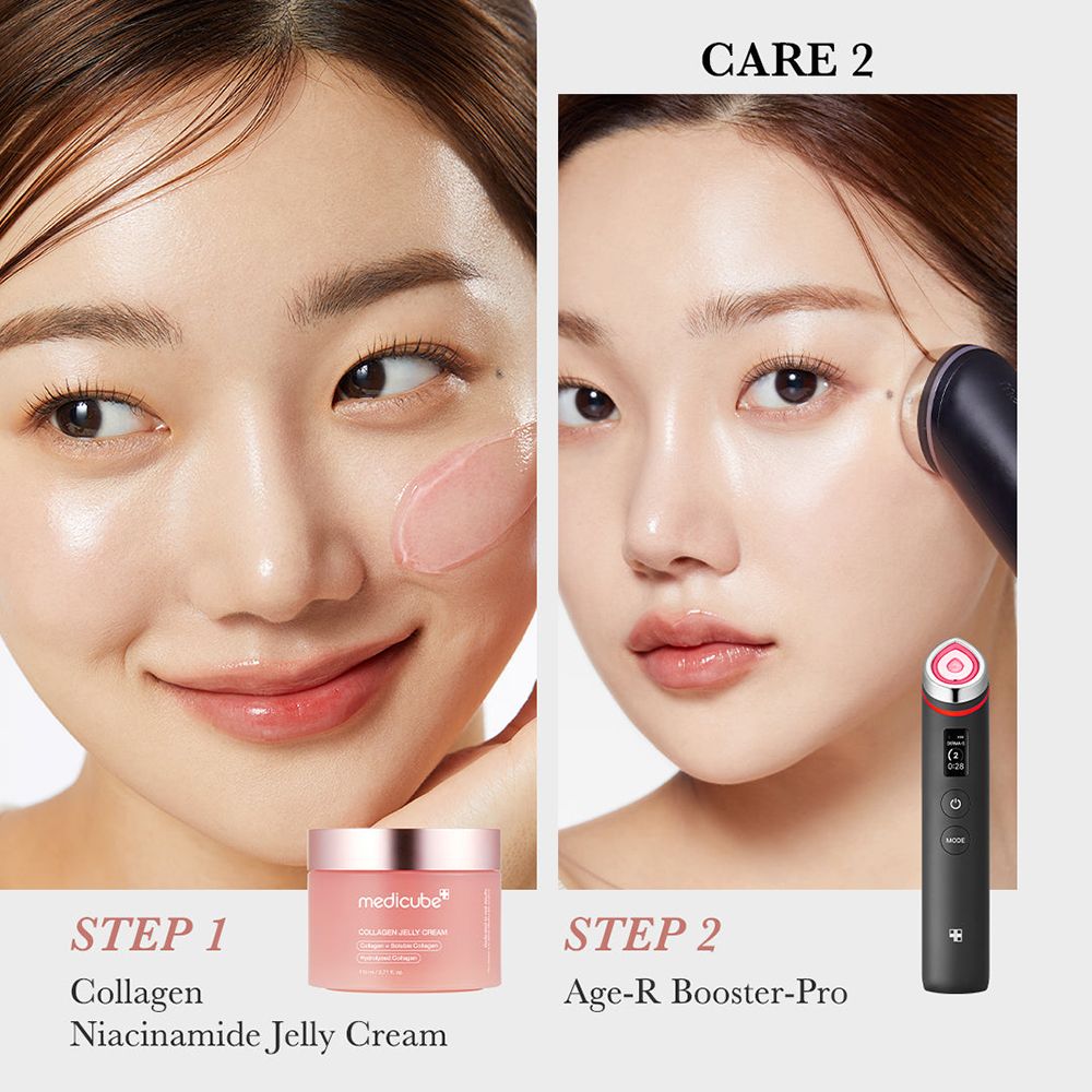 Viso di donna con crema e Age-r Booster-Pro. Testo: Collagen Niacinamide Jelly Cream. Sfondo rosa.