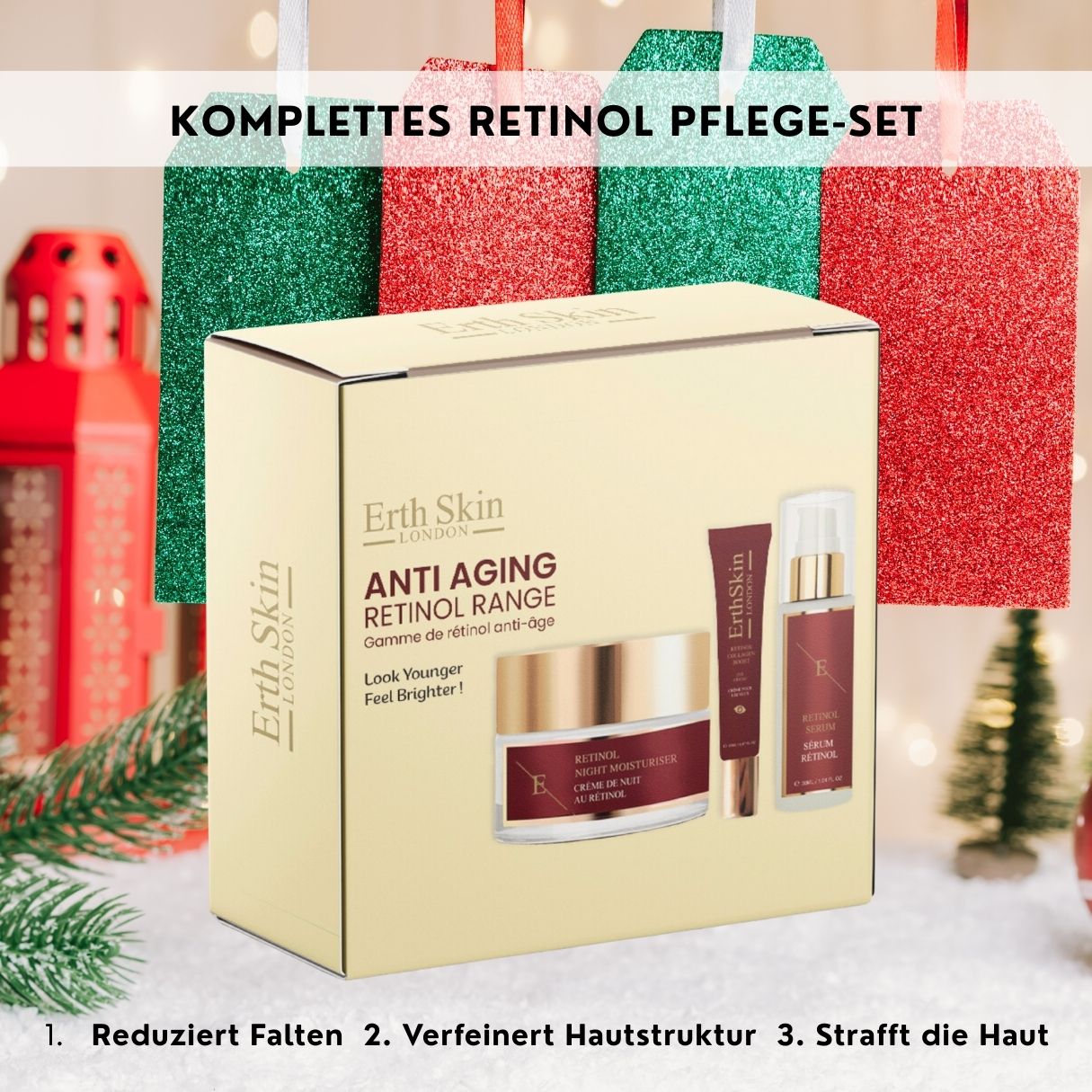 Scatola kit anti-età al retinolo ErthSkin London circondata da decorazioni natalizie.