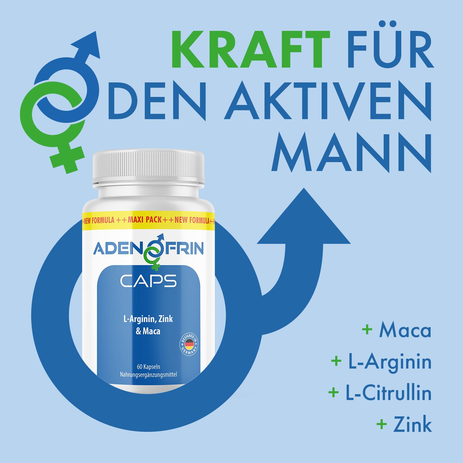 Flacone di capsule con coperchio bianco ed etichetta blu. Testo: Adenofrin CAPS, L-Arginina, Zinco & Maca. 60 capsule. Simboli maschili e femminili.