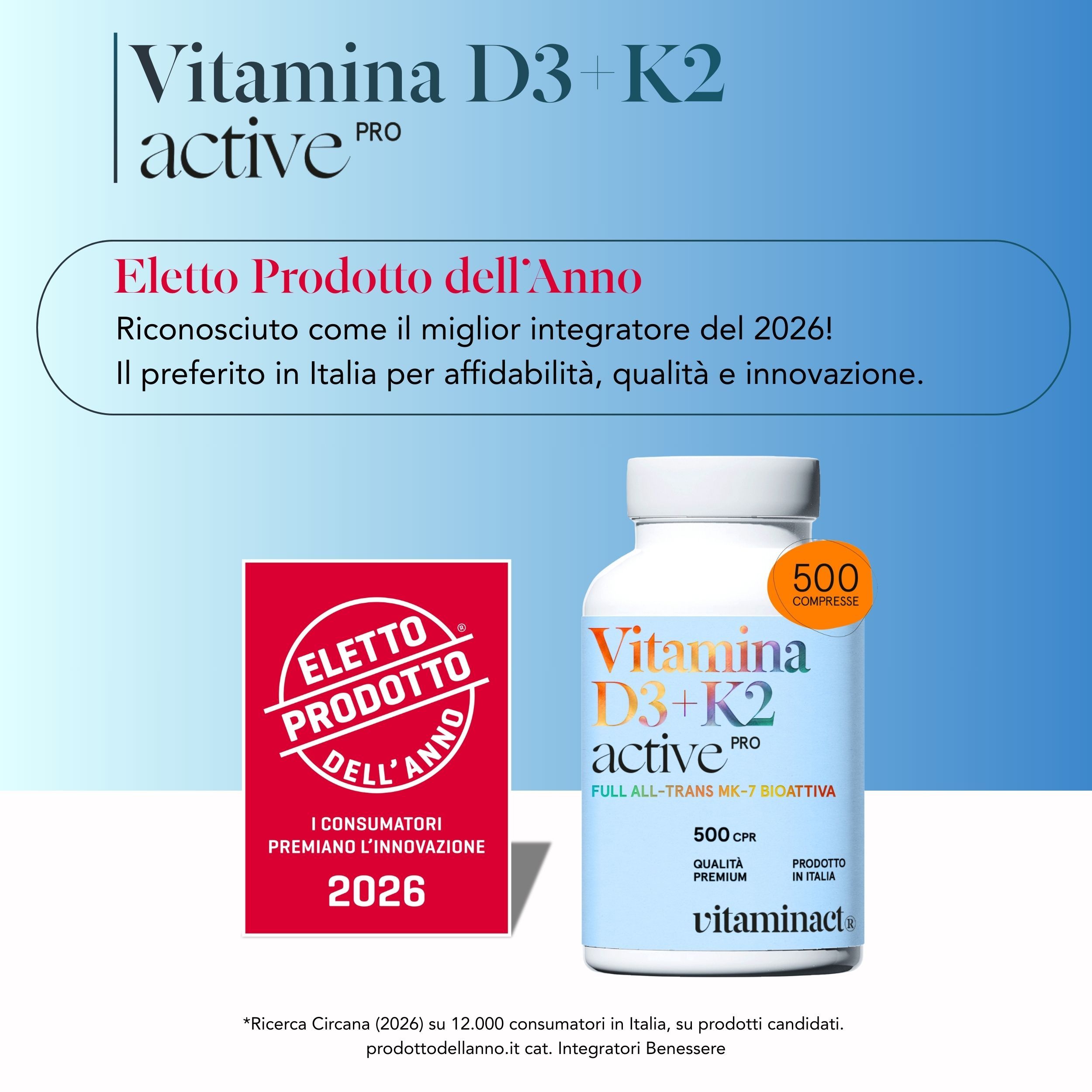 Flacone bianco di Vitamin D3 + K2 Active Pro. Etichetta 'Prodotto dell'anno 2026'.