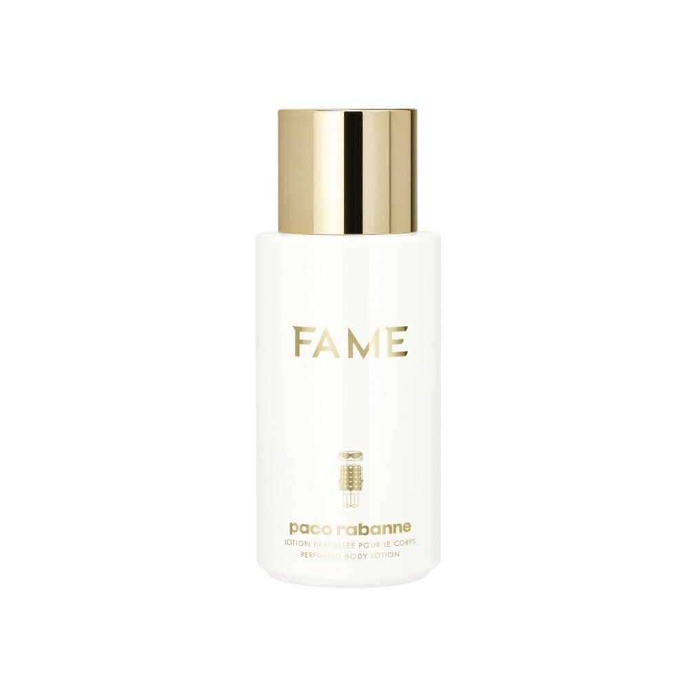 Flacone bianco con tappo dorato. Scritta "FAME" e "paco rabanne". Lozione corpo profumata.