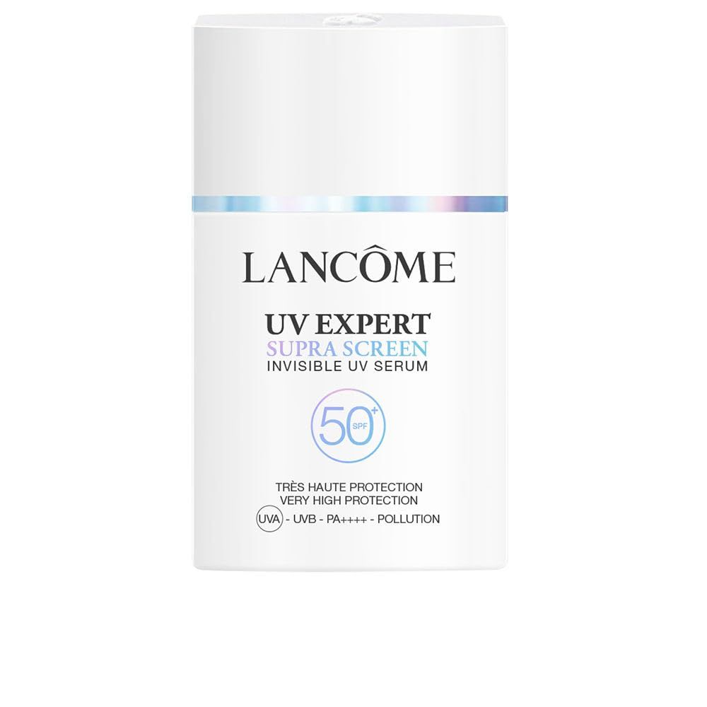 Flacone bianco con nome del prodotto e SPF 50. Testo: UV Expert Supra Screen Invisible UV Serum. Protezione UVA, UVB, PA++++ e Pollution.