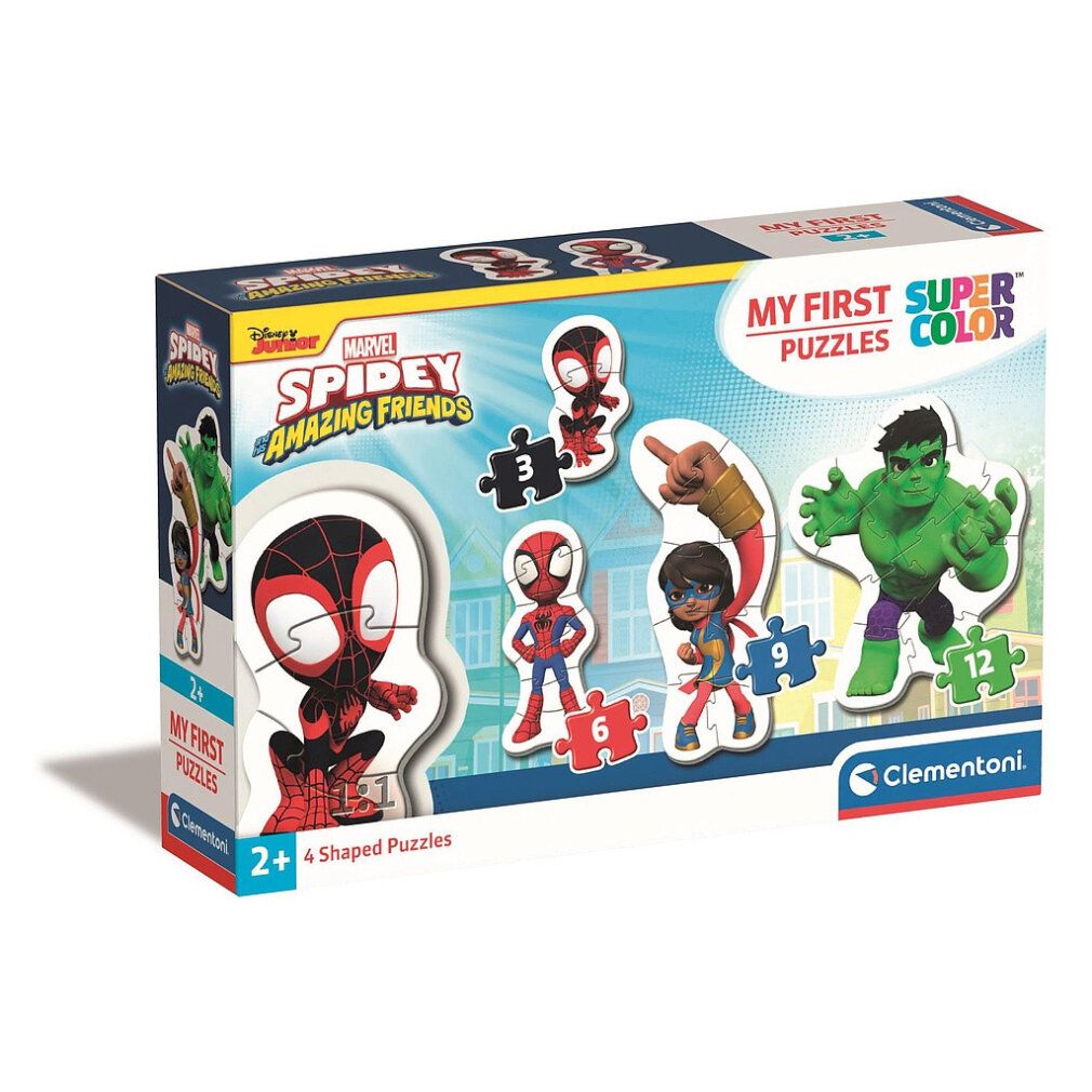 Scatola puzzle Marvel Spidey e i suoi amici. Contiene pezzi puzzle con numeri 3, 6, 9 e 12. Confezione con nome e logo del prodotto.