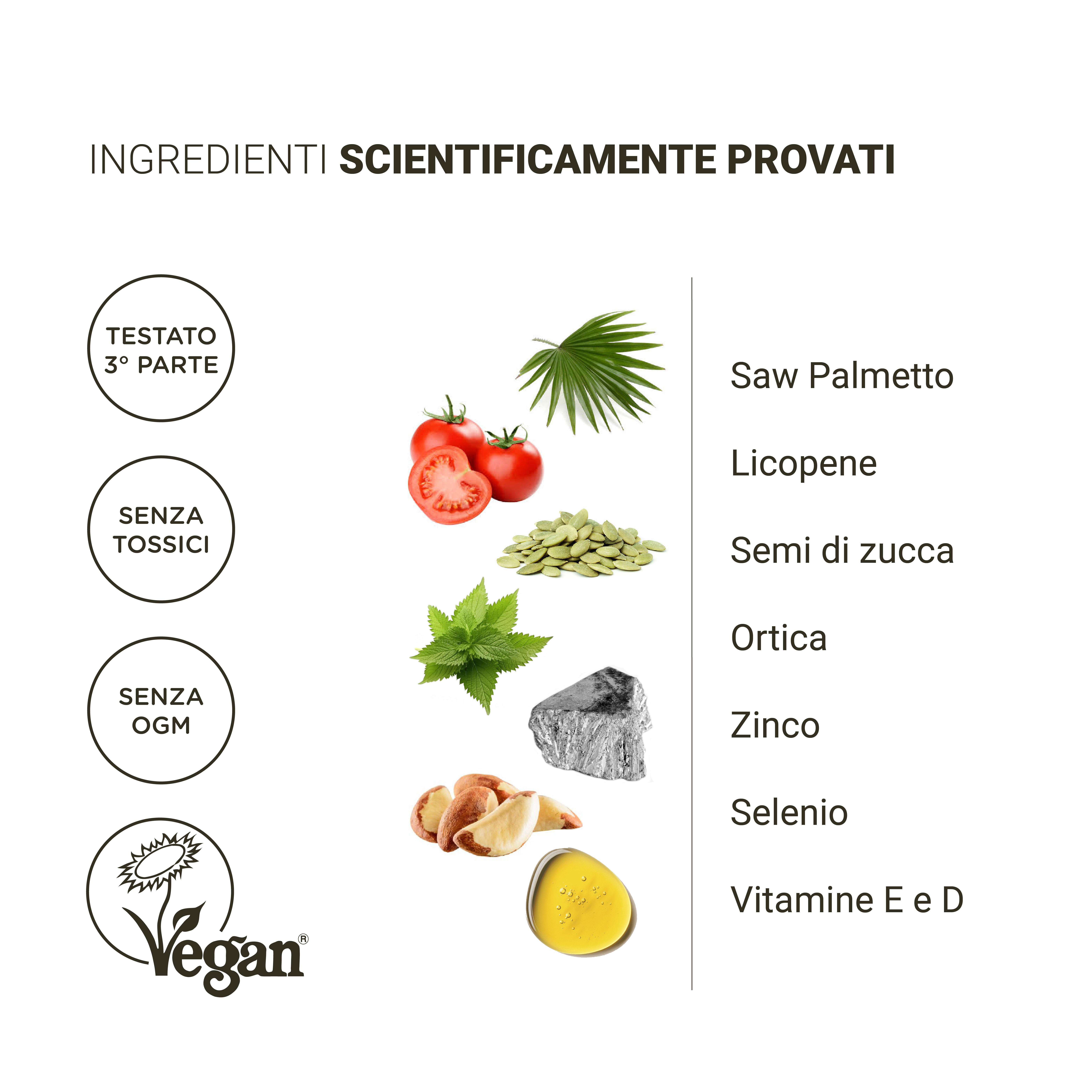 Vari ingredienti. Testo: Scientificamente provato. Sigillo vegano.