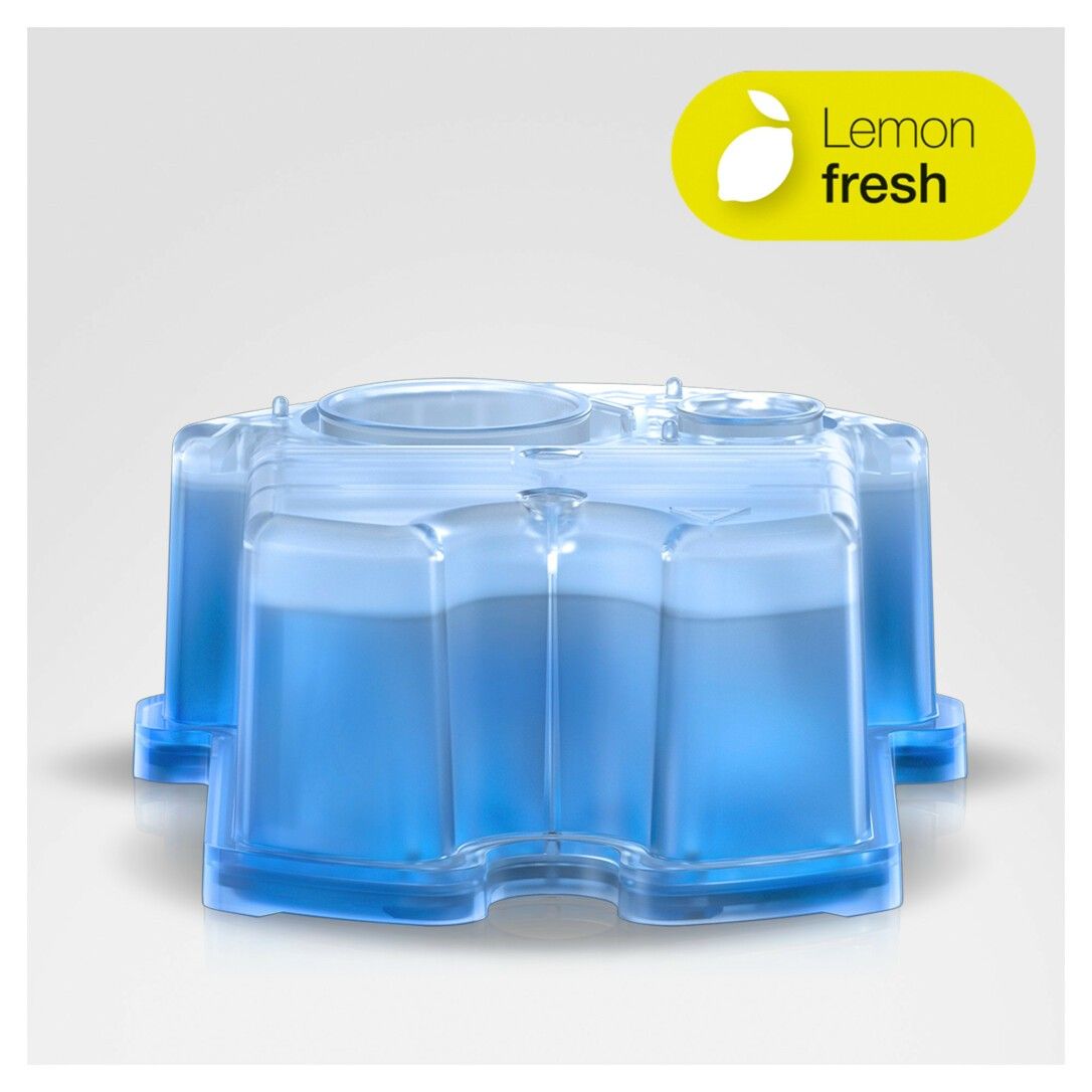 Cartuccia di pulizia blu con liquido. Etichetta gialla "Lemon fresh".