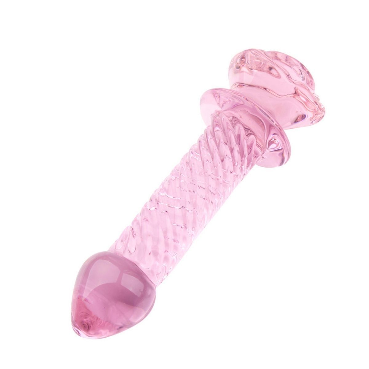 Bacchetta di vetro rosa. Superficie scanalata, impugnatura a forma di fiore. Su sfondo bianco.