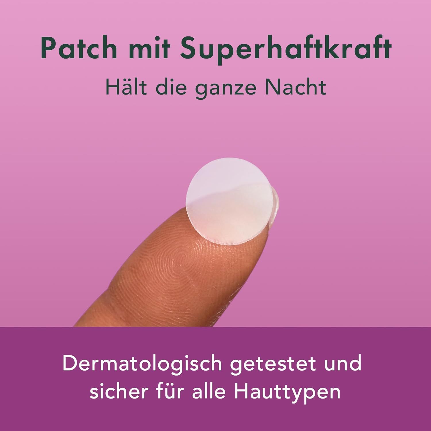 Un cerotto su un dito. Testo: Dermatologicamente testato e sicuro per tutti i tipi di pelle. Scritta: Cerotto con super adesione.