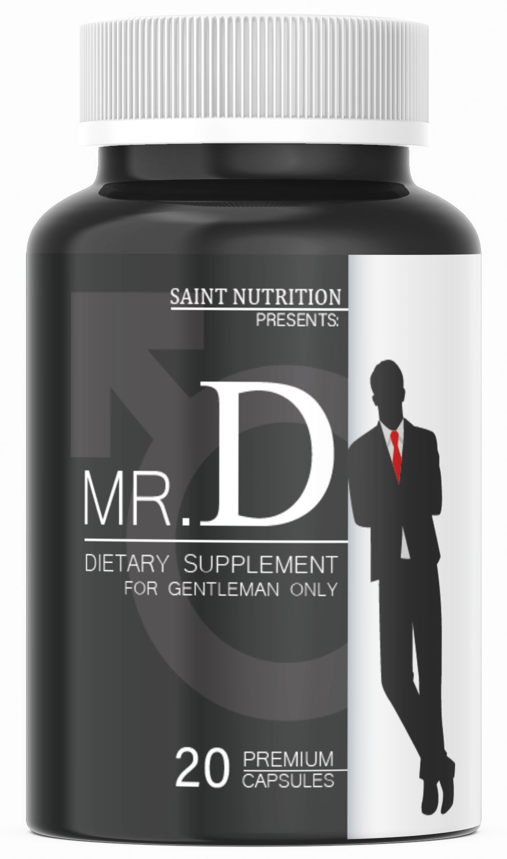 Flacone nero con tappo bianco. Scritta: Saint Nutrition, Mr. D Kapseln, 20 Premium Capsules. Silhouette maschile.