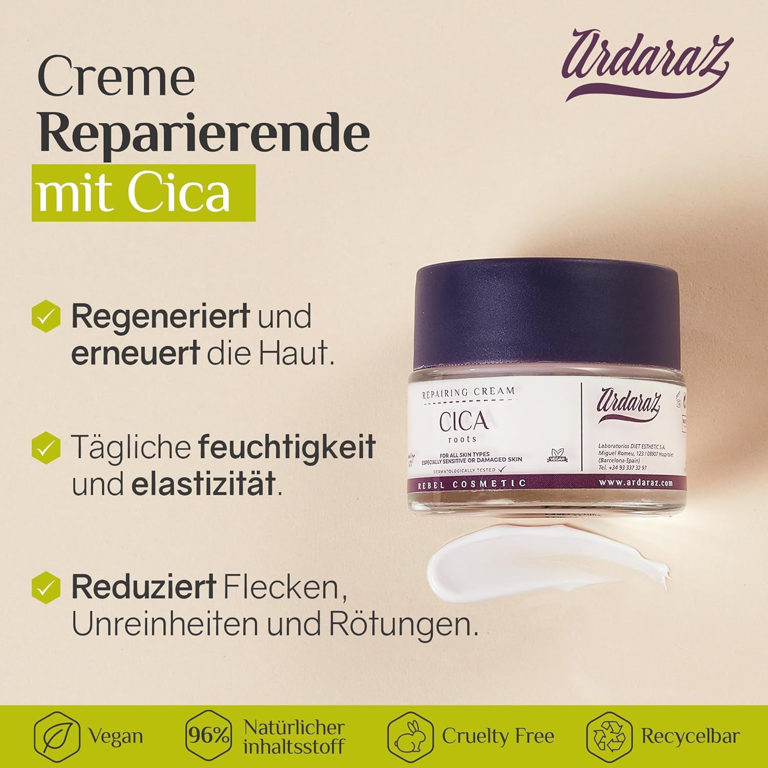 Vaso di crema con scritta: Cica Repairing Cream. Testo: Rigenera, idrata, riduce le imperfezioni. Vegano, 96% naturale, Cruelty Free.