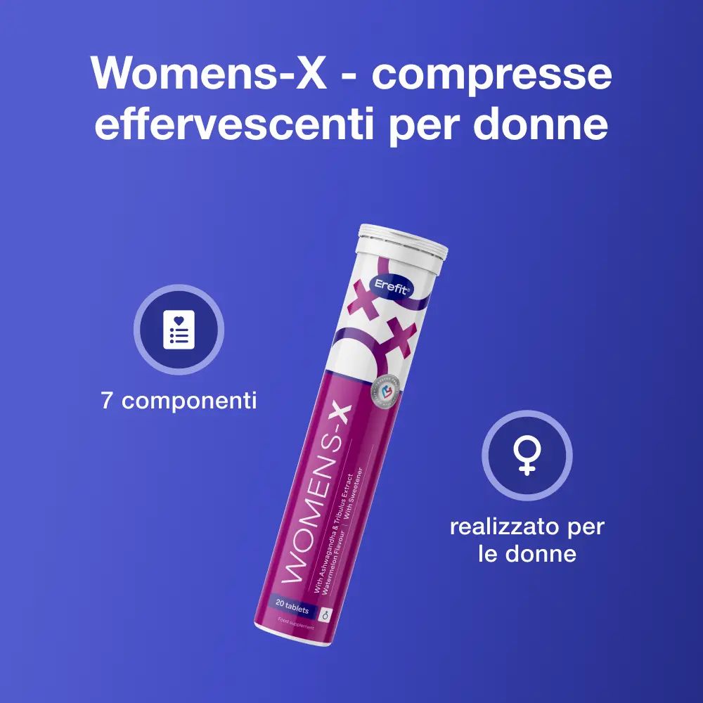 Tubo "WOMENS-X" con 7 componenti e simbolo femminile. Sfondo blu. Testo: "realizzato per le donne".