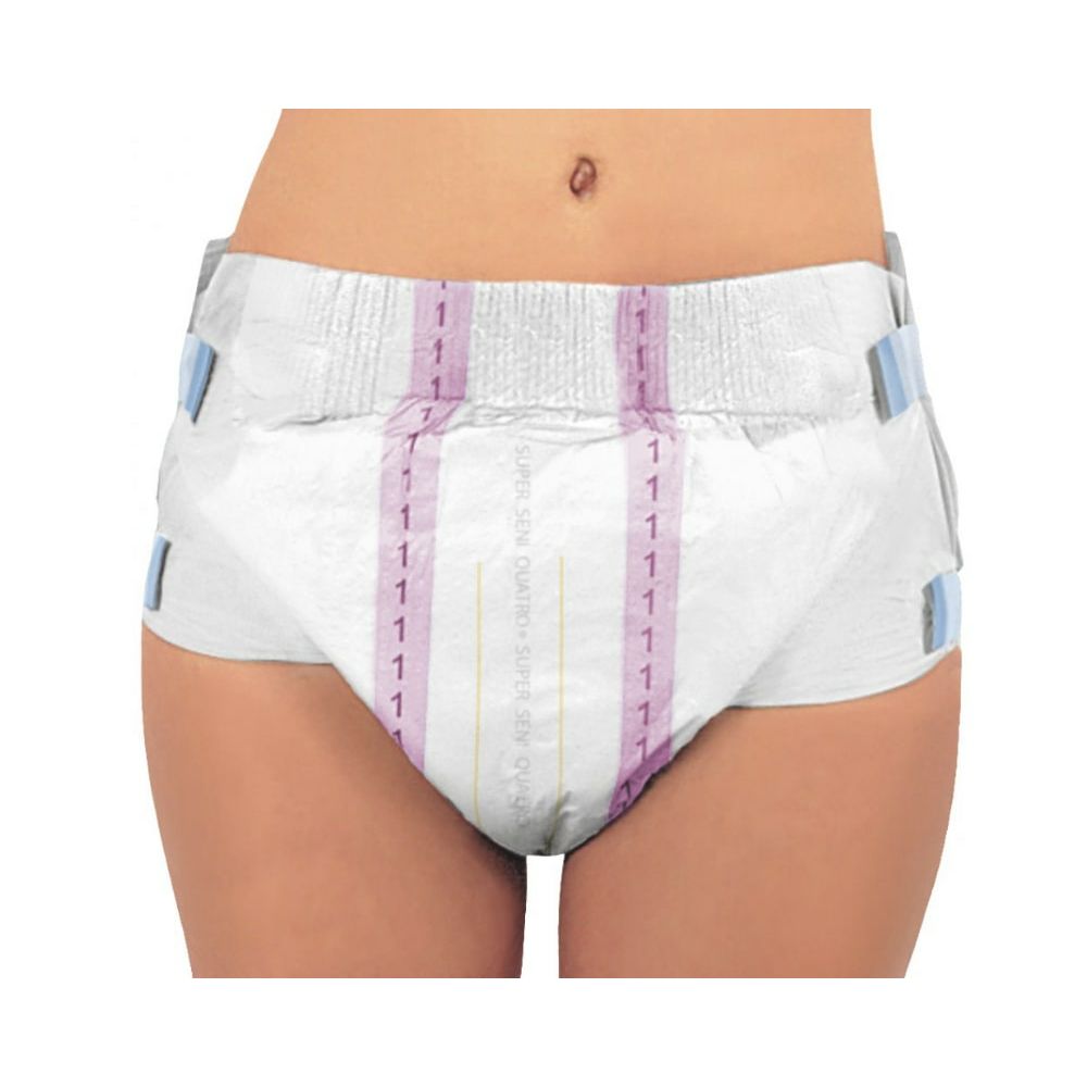 Pannolino per incontinenza bianco indossato. Segni rosa e gialli. Chiusure blu.