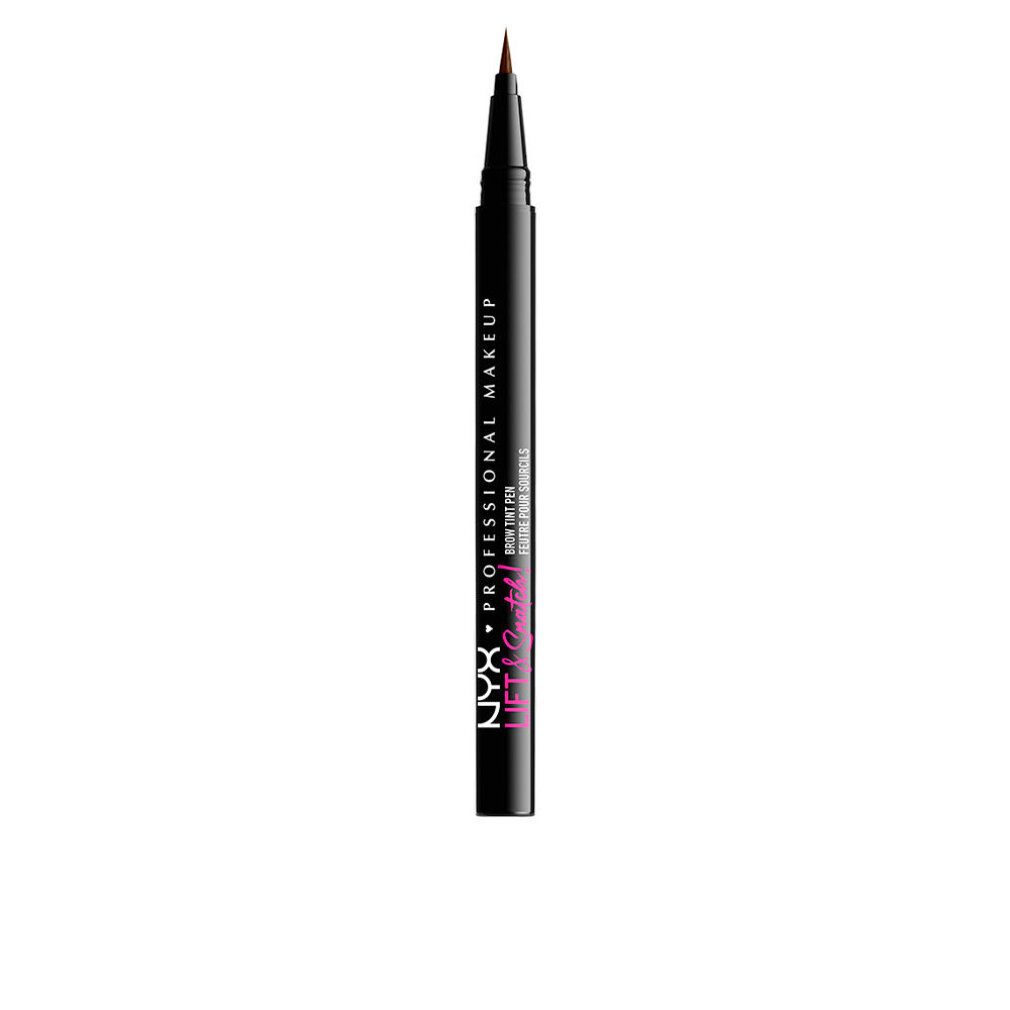 Penna nera con punta marrone. Scritta: NYX PROFESSIONAL MAKEUP, Lift n Snatch. Prodotto per sopracciglia.