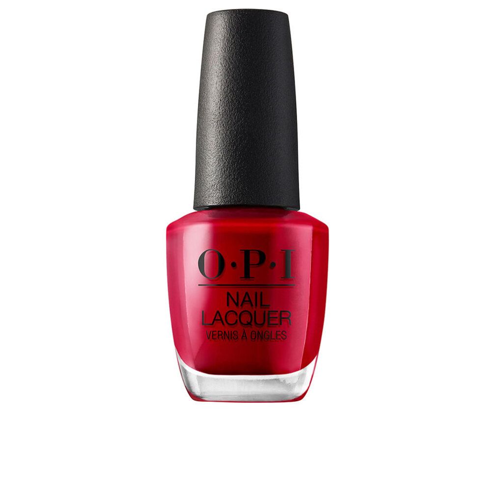 Flacone di smalto rosso con tappo nero. Logo OPI e scritta 'Nail Lacquer' visibili.