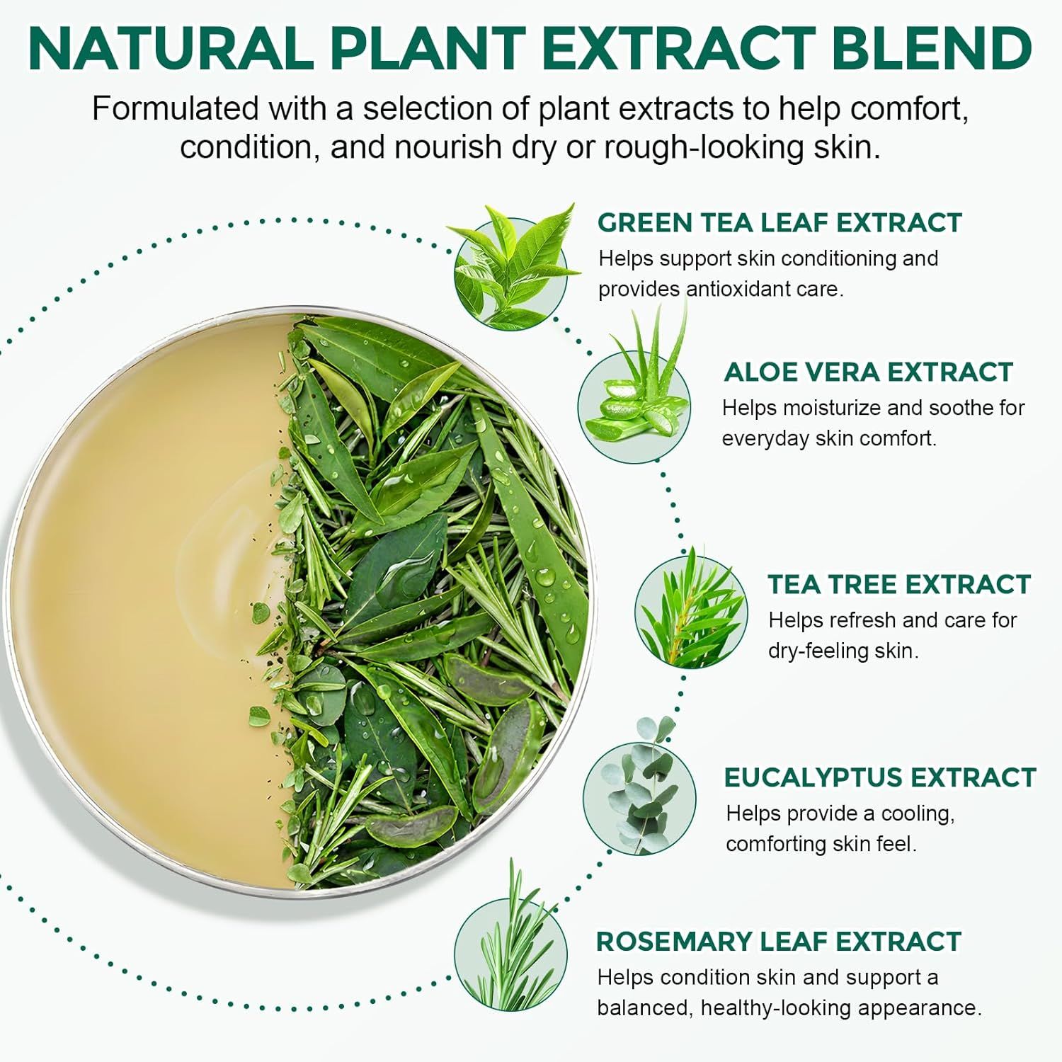 Grafico a torta con ingredienti: tè verde, aloe vera, albero del tè, eucalipto, rosmarino. Testo: Miscela di estratti vegetali naturali.