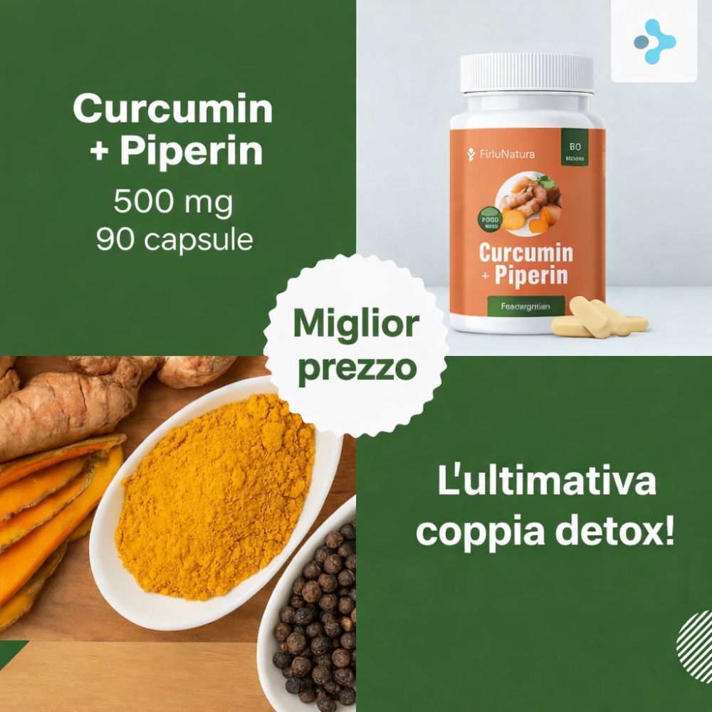Prodotto con Curcumina + Piperina, 500 mg, 90 capsule. Polvere gialla e grani di pepe in ciotole.