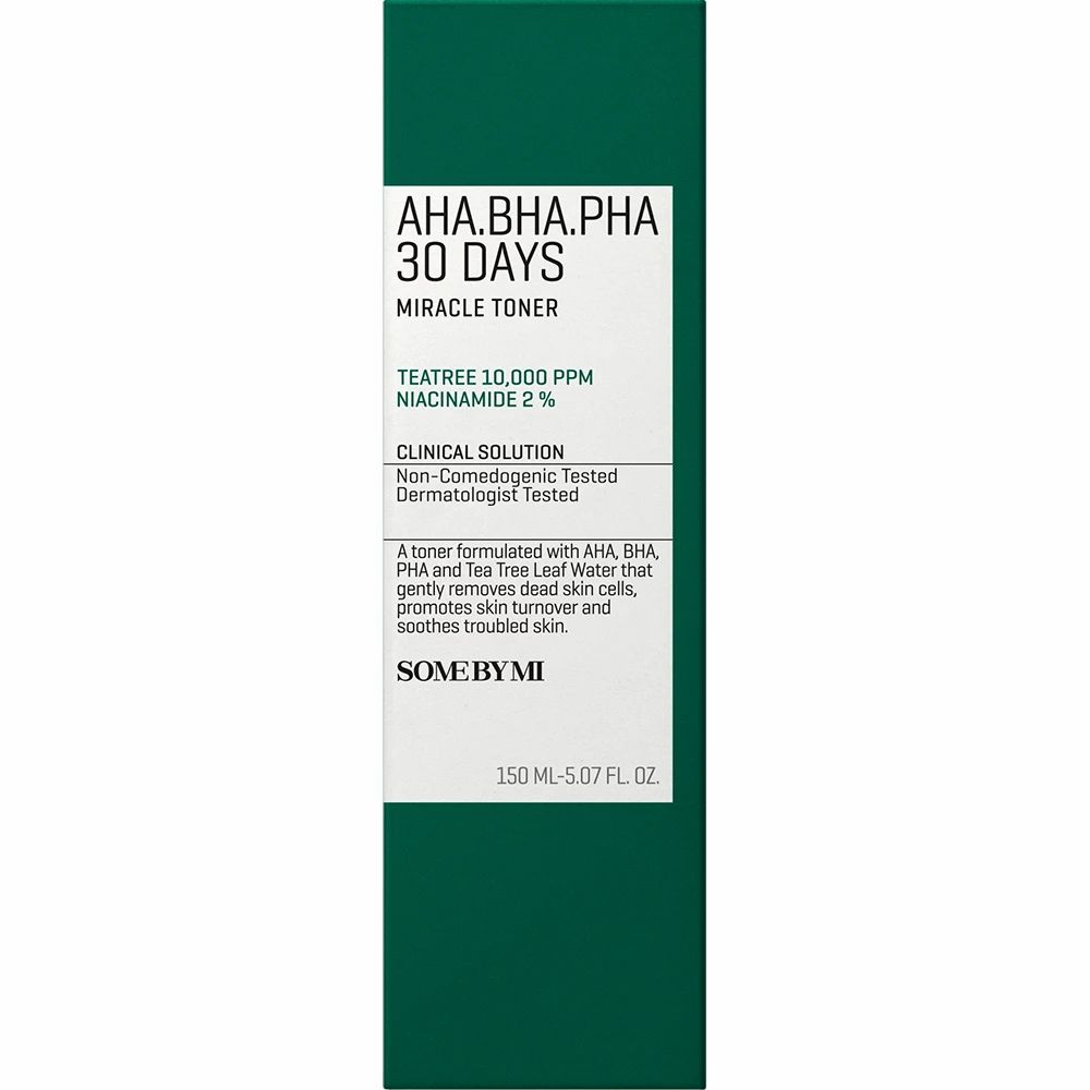Confezione verde. Testo: AHA-BHA-PHA 30 DAYS MIRACLE TONER. Marchio SOME BY MI. 150 ml.
