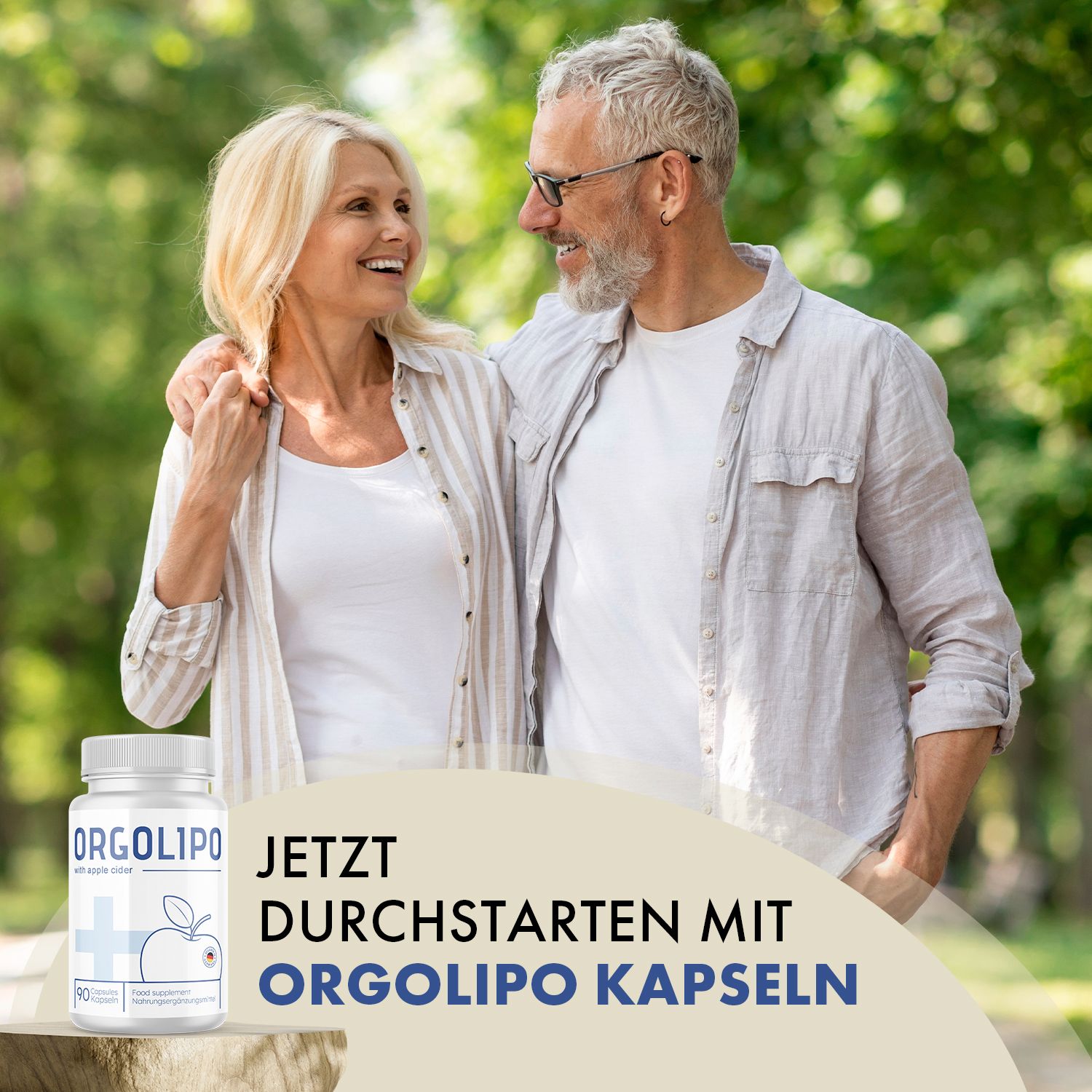 Coppia anziana sorridente, flacone Orgolipo in primo piano. Testo: Inizia subito con le capsule Orgolipo.