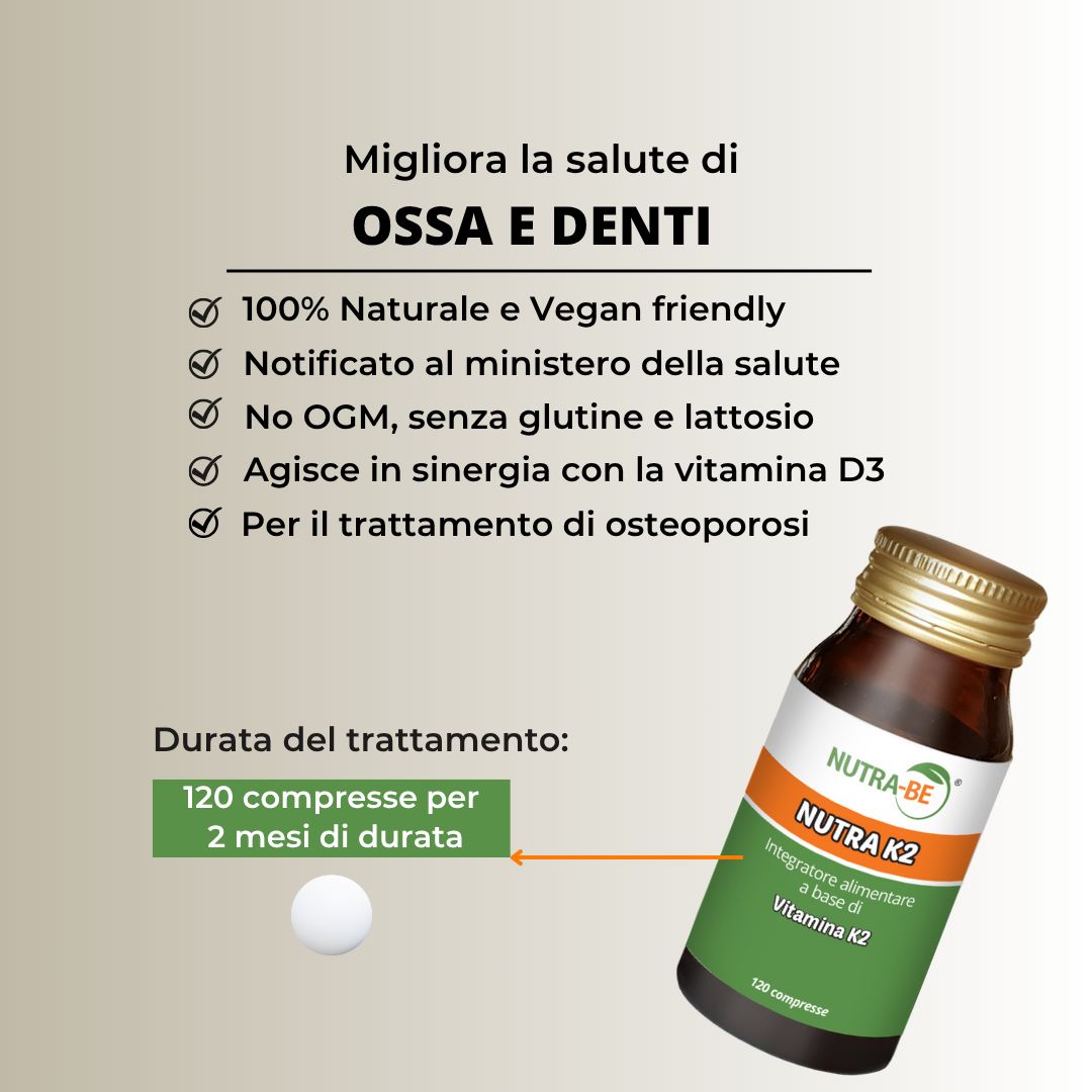 Grafico con flacone e testo. Flacone con etichetta. Testo: 100% naturale e vegano, senza OGM, senza glutine e lattosio. Per l'osteoporosi.