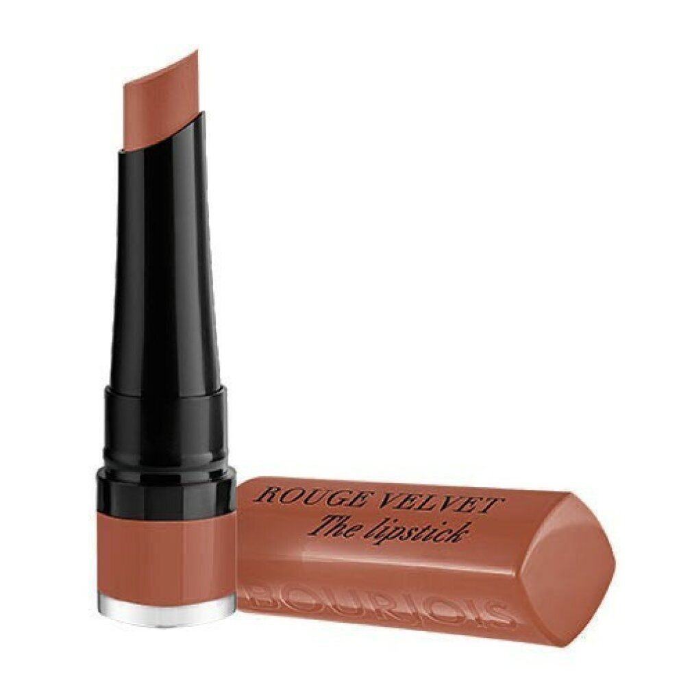 Rossetto marrone con astuccio nero e cappuccio marrone. "ROUGE VELVET The lipstick" è scritto sul cappuccio.