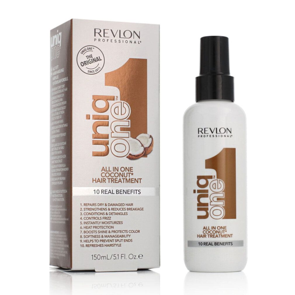 Flacone e confezione. Scritta: Revlon Uniq One Coconut Hair Treatment. 10 benefici. 150ml.