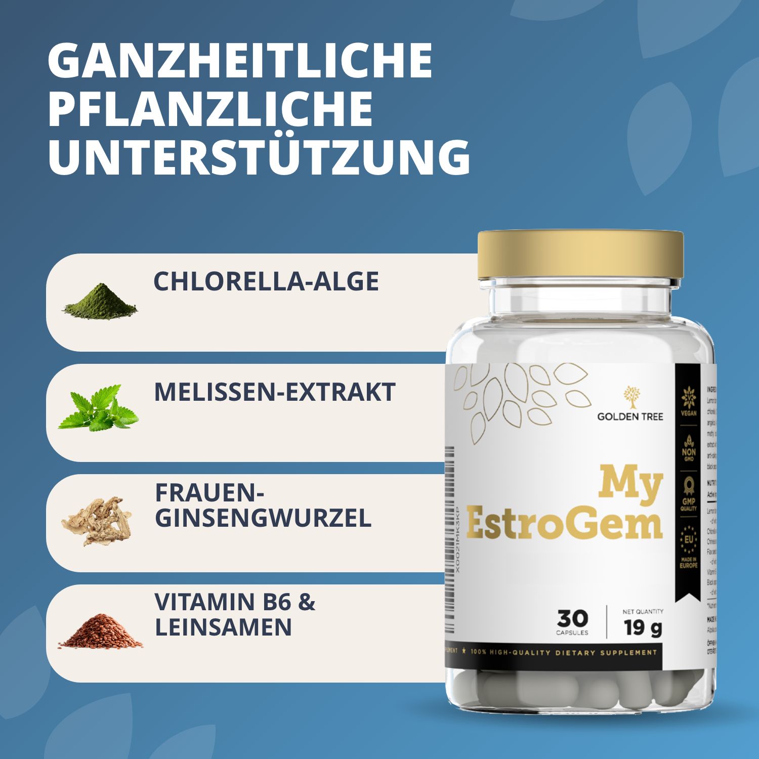 Flacone di capsule Golden Tree My EstroGem, 30 pezzi, 19g. Contiene Chlorella, Melissa, Radice di ginseng femminile, Vitamina B6 & Lino.