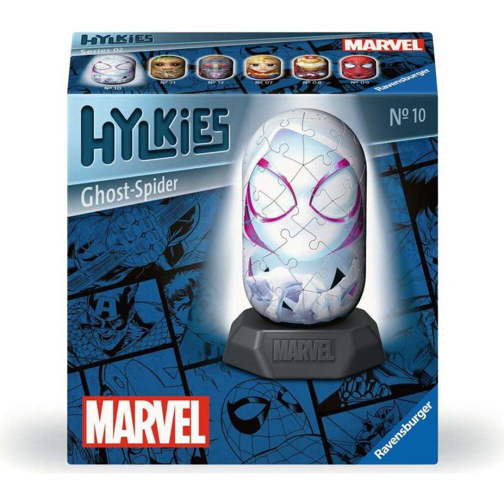 Scatola con puzzle 3D Ghost Spider. Logo Marvel, Hylkies, scritta Ghost-Spider. Serie n. 10.