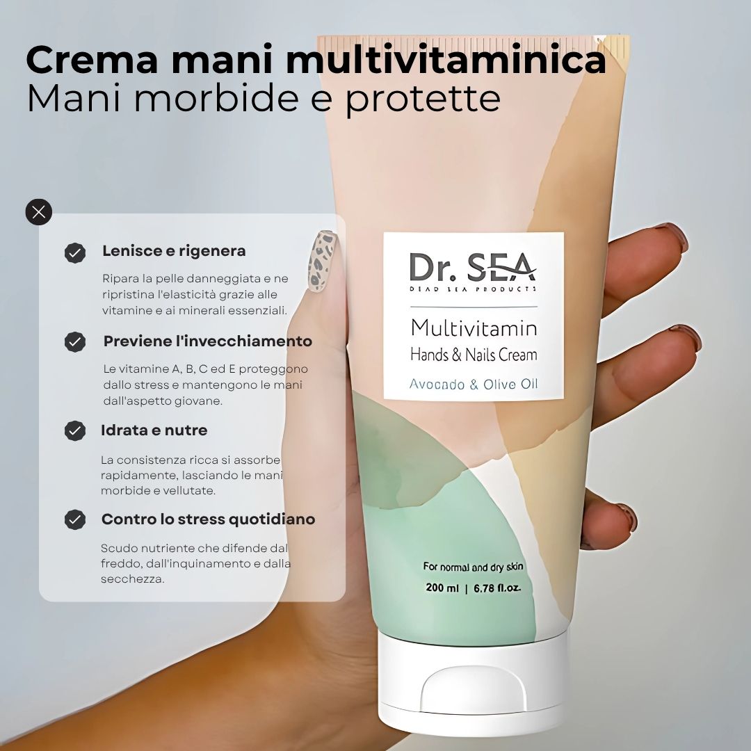 Tubo di crema. Dr. Sea Multivitamin Mani & Unghie. Olio di avocado e oliva. Testo e icone.