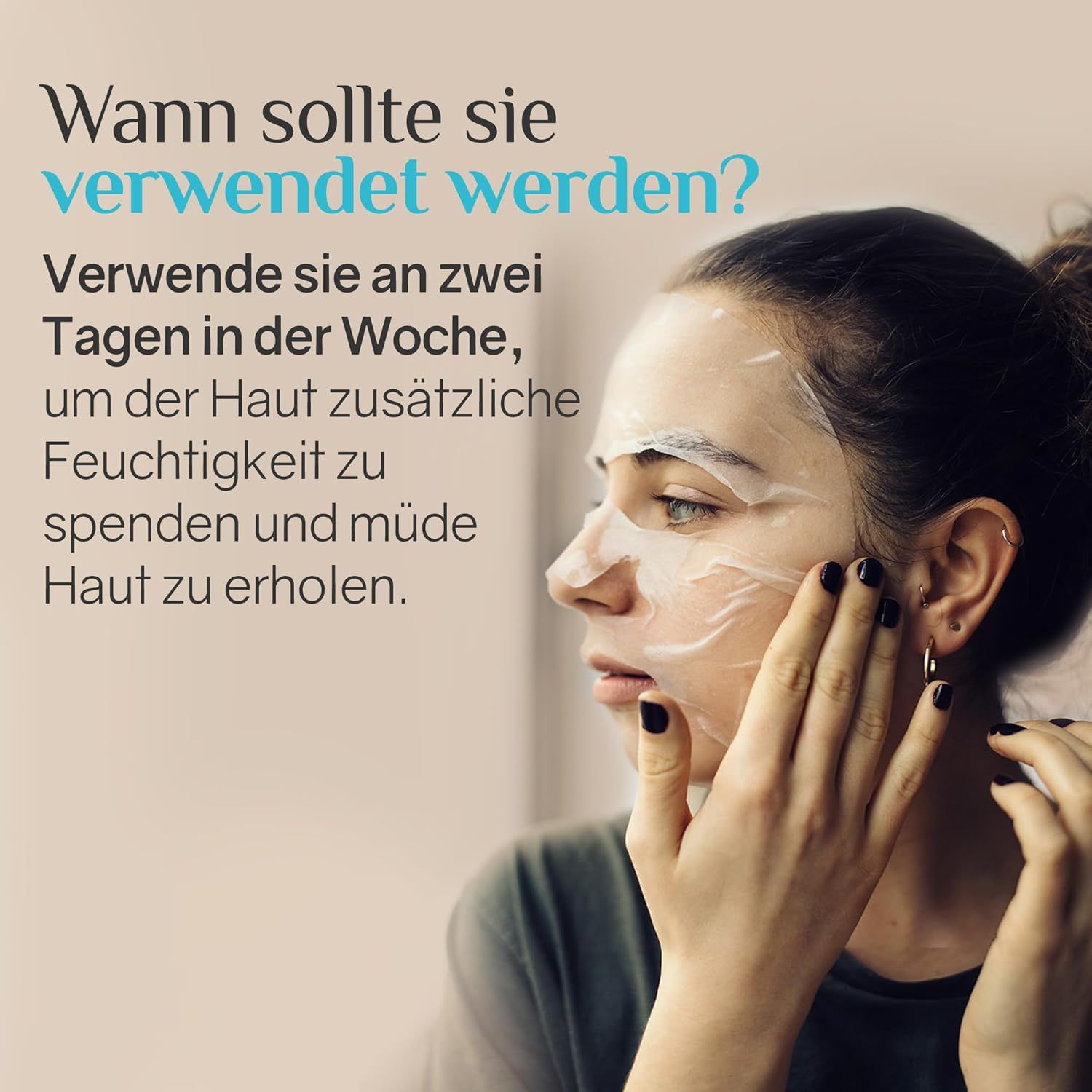 Donna con maschera per il viso. Testo: Usalo due giorni a settimana per idratare ulteriormente la pelle.