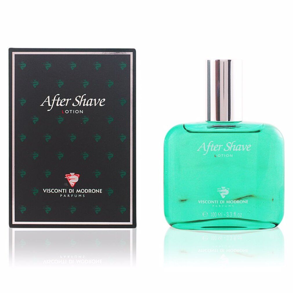 Flacone in vetro verde con tappo argentato e scatola. Scritta After Shave Lotion e Visconti di Modrone.
