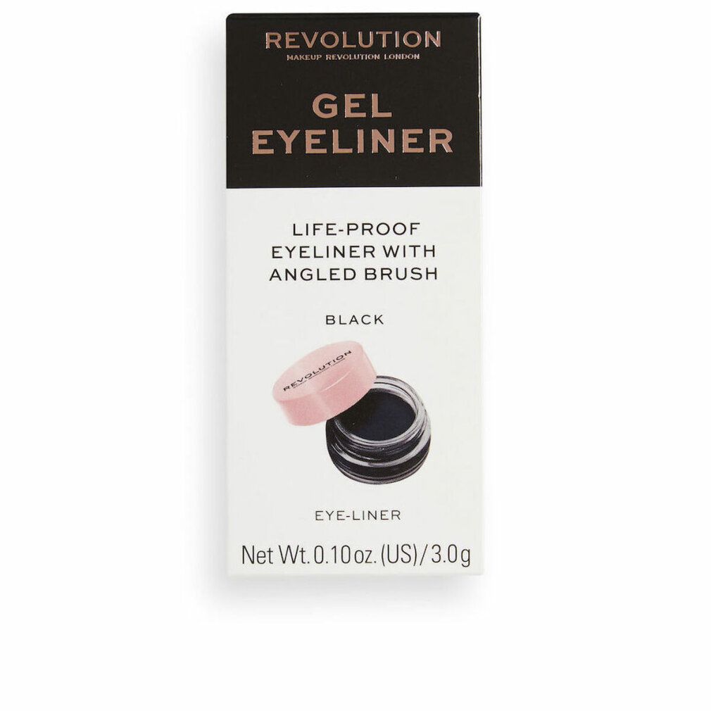 Confezione di eyeliner in gel. Contiene un vasetto di eyeliner e un pennello. Testo nero su sfondo bianco.