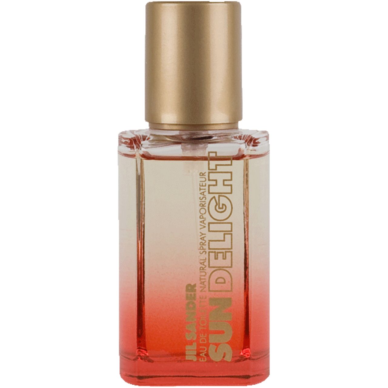 Flacone di profumo con tappo dorato. Scritta SUN DELIGHT. Sfumatura di colore da arancione a trasparente.