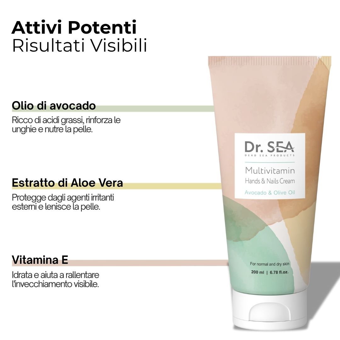 Tubo di crema. Dr. Sea Multivitamin Mani & Unghie. Olio di avocado e oliva. Ingredienti e testo.