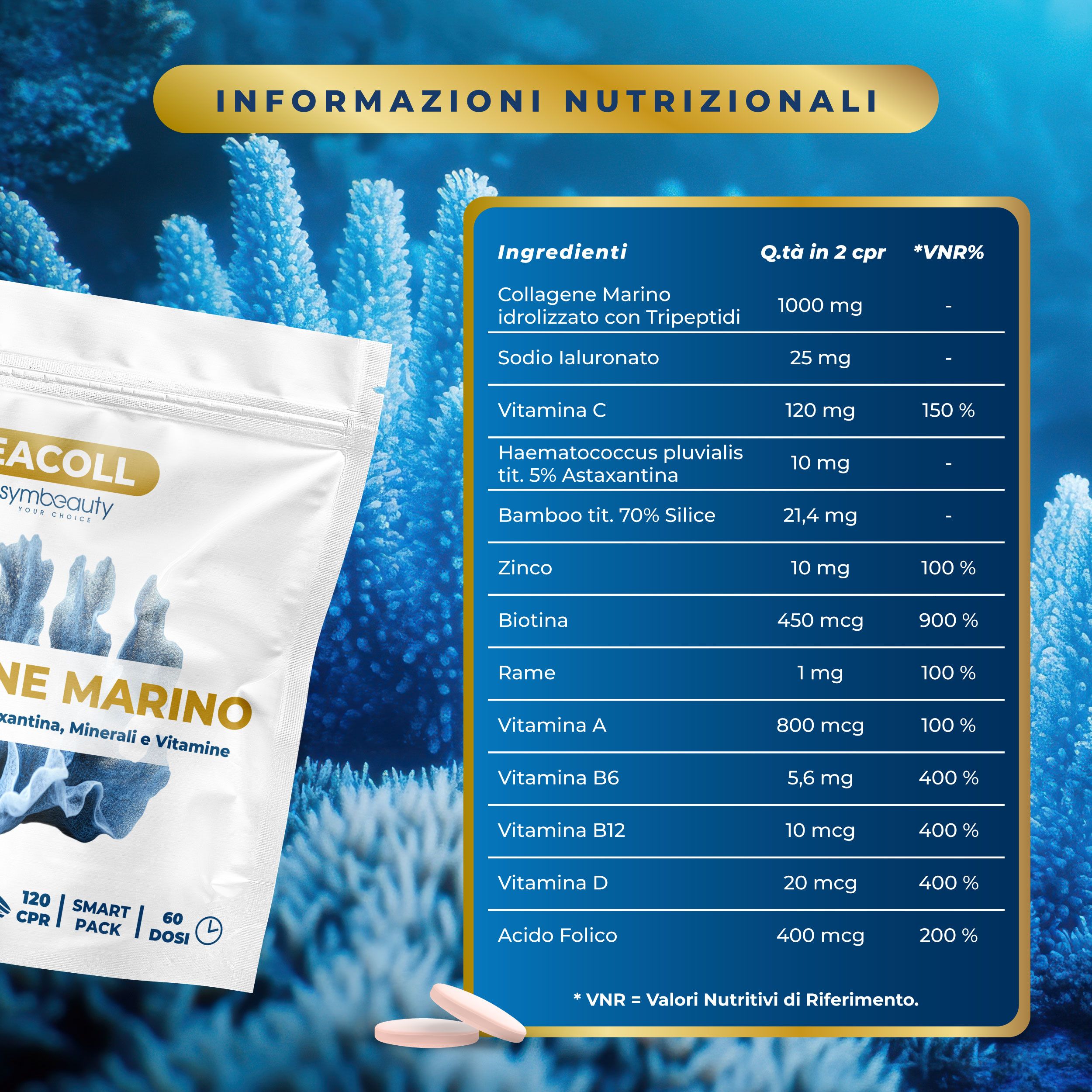 SYMBEAUTY® Collagene Marino con Acido Ialuronico, Astaxantina, Vitamine e Minerali