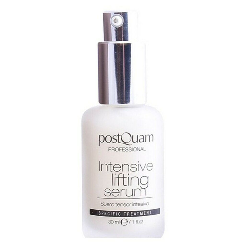 Flacone bianco con vaporizzatore argentato. Scritta: PostQuam, Intensive Lifting Serum, 30 ml.