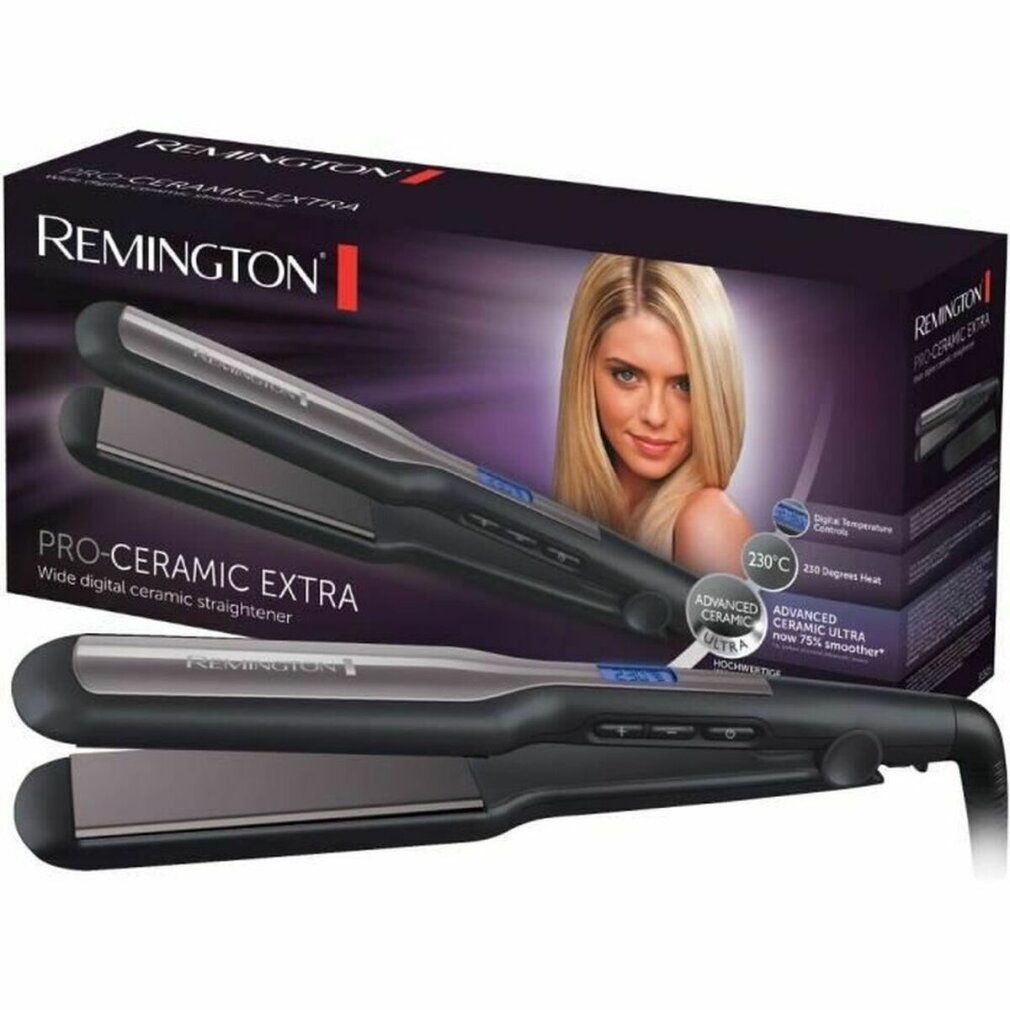 Confezione del prodotto con piastra e donna. Testo: PRO-CERAMIC EXTRA, Digital Temperature Control, 230°C.
