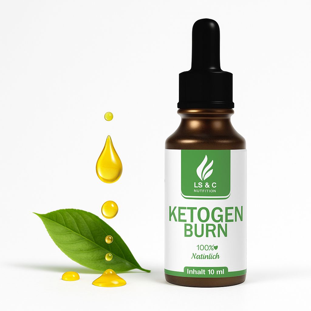 Flacone marrone con contagocce nero. Etichetta con "LS & C Nutrition", "KETOGEN BURN", "100% Natürlch". Gocce gialle e foglia.