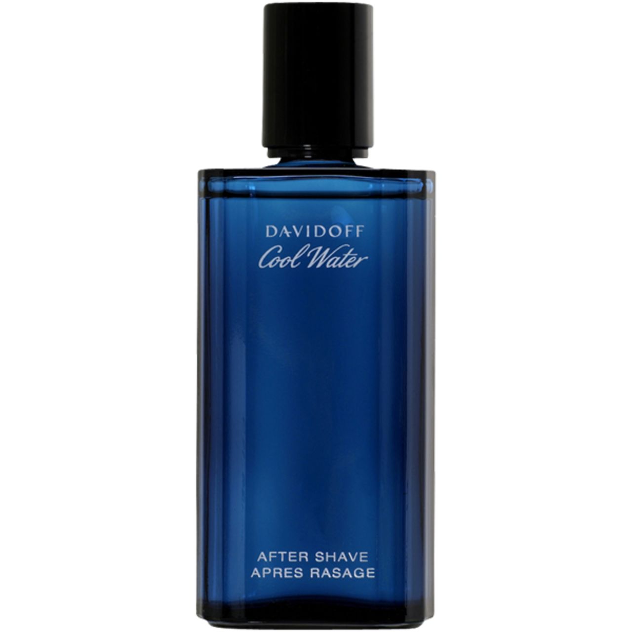 Flacone Davidoff Cool Water After Shave. Vetro blu, tappo nero. Scritta.