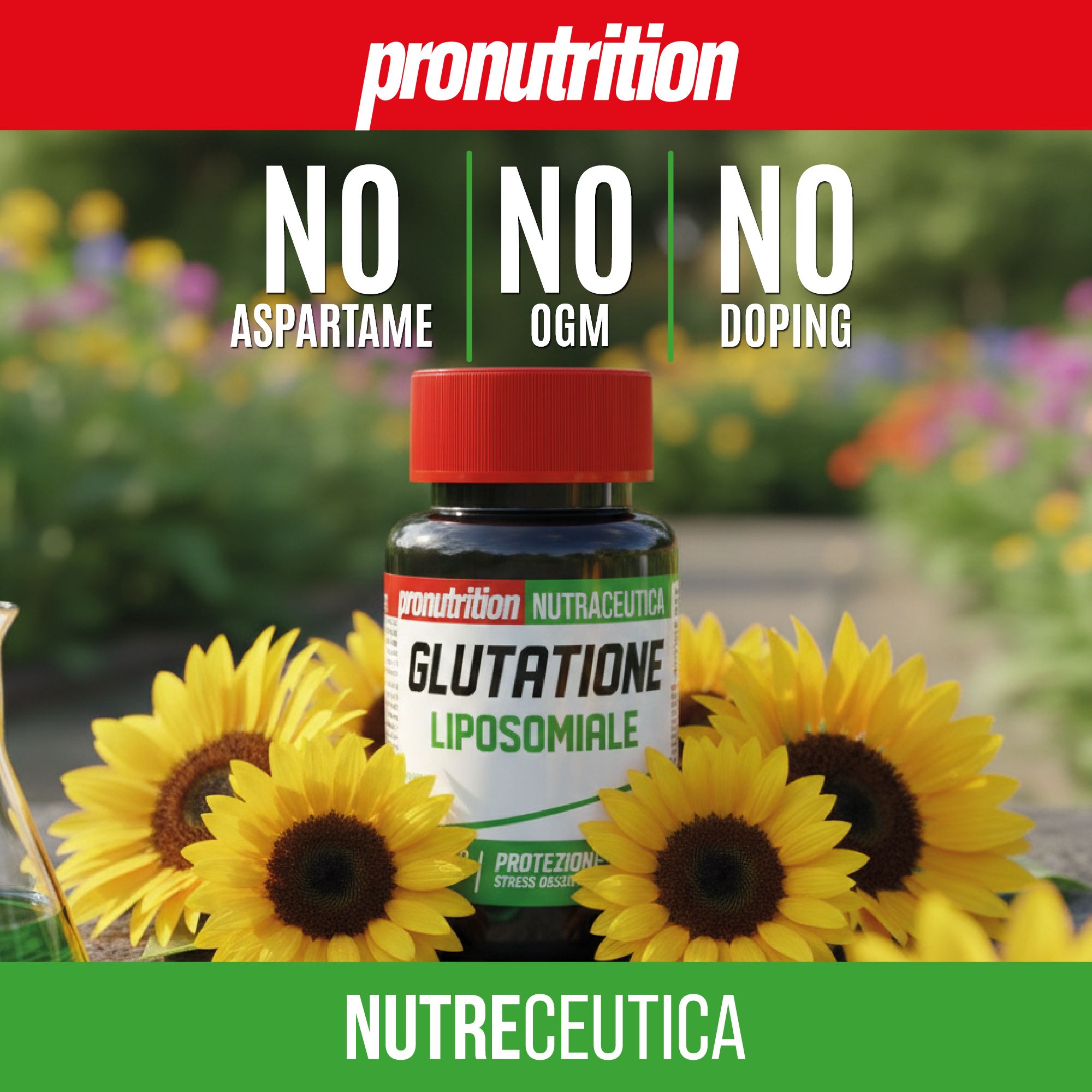 Flacone nero con tappo rosso. Scritta: GLUTATIONE LIPOSOMIALE. Circondato da girasoli. Testo: NO ASPARTAME, OGM, DOPING.