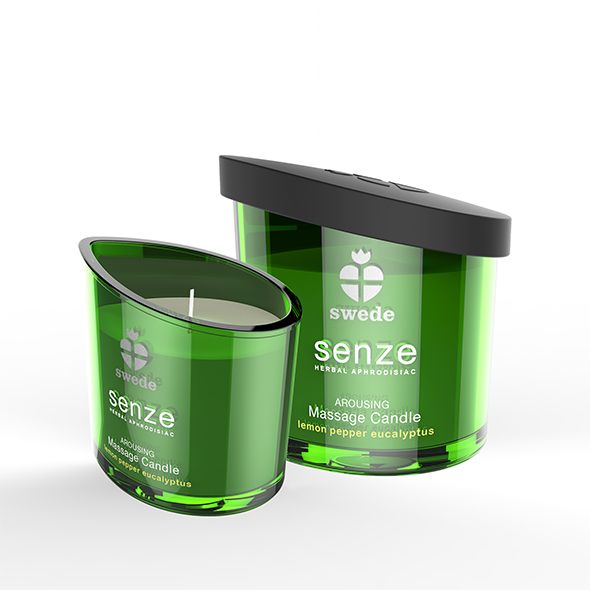 Due candele verdi con coperchi neri. Scritta: swede, senze, Arousing Massage Candle, lemon pepper eucalyptus.