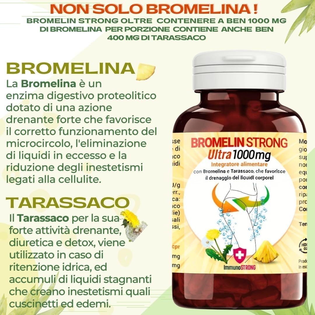 Flacone marrone con capsule. Scritta: BROMELIN STRONG Ultra 1000mg. Testo su bromelina e tarassaco.
