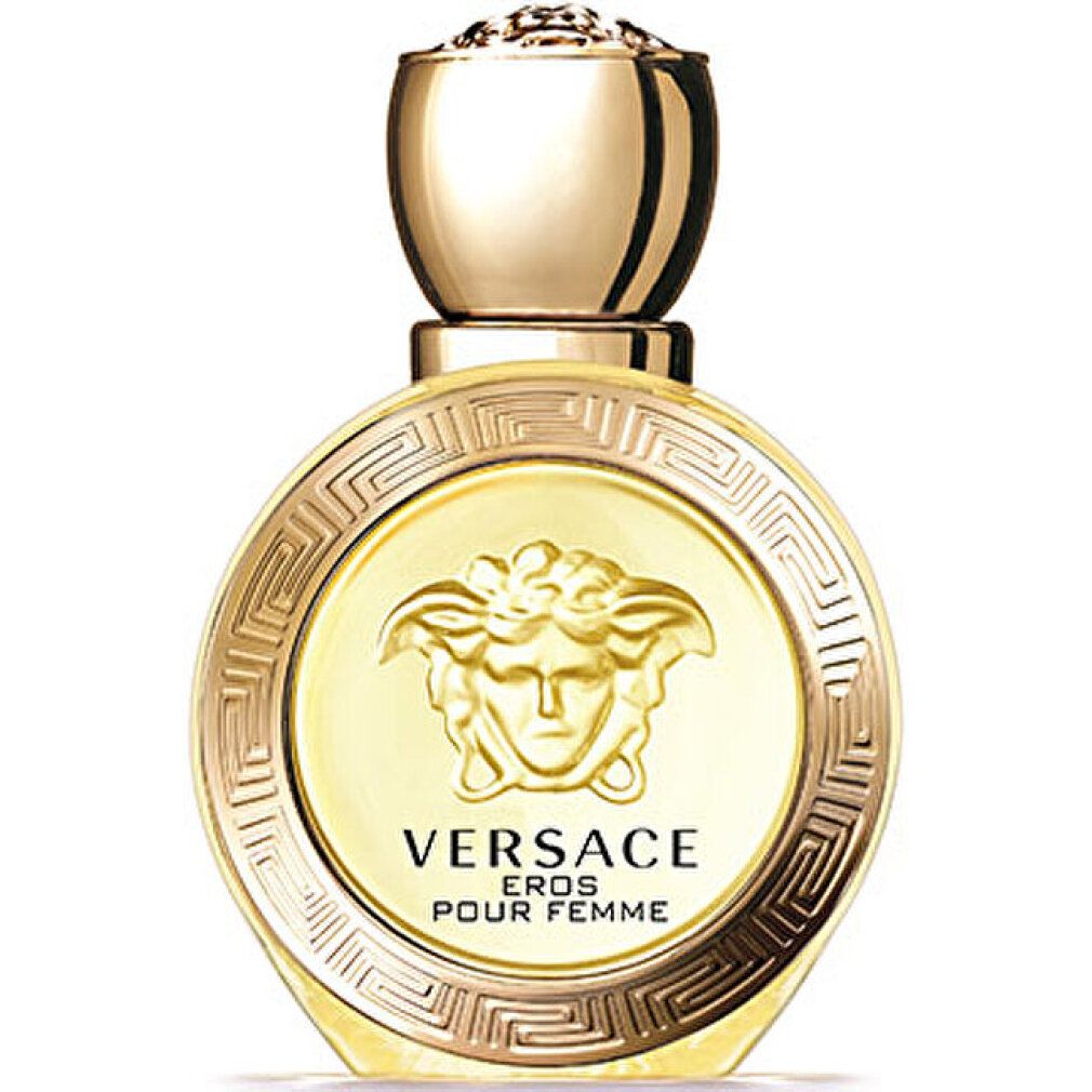 Flacone spray deodorante Versace Eros Pour Femme con emblema Medusa dorato.