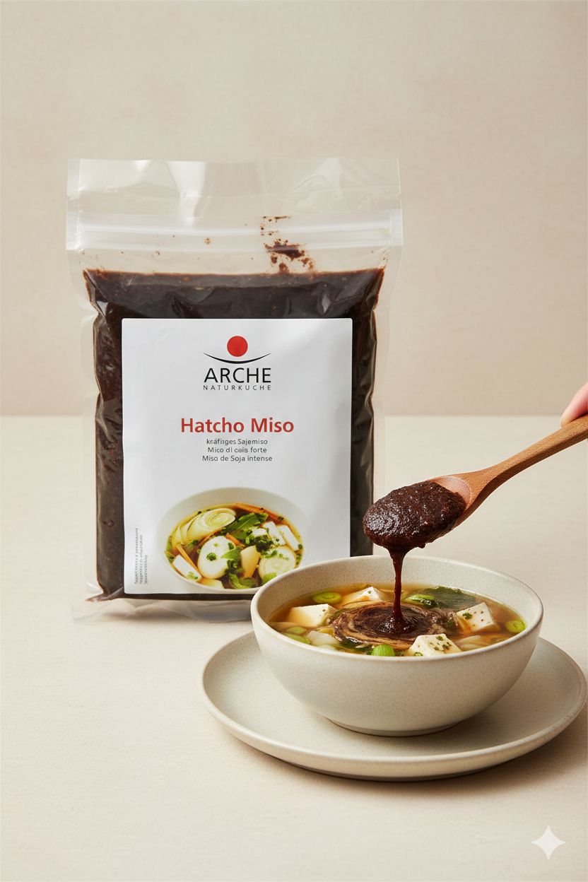 La pasta Arche Hatcho Miso viene versata da un cucchiaio di legno in una ciotola di zuppa di miso.