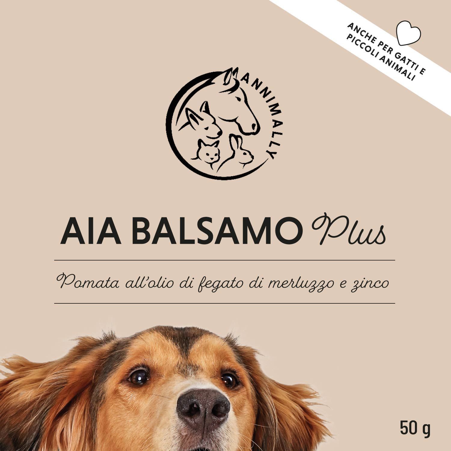 Etichetta marrone con logo e testo: AIA BALSAMO Plus, Pomata all'olio di fegato di merluzzo e zinco. Cane.