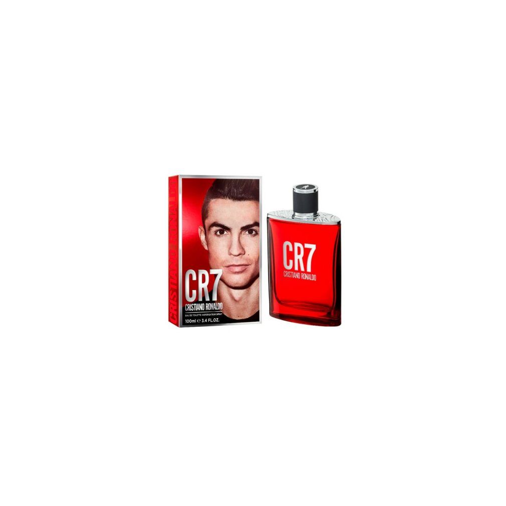 CR7 Eau de Toilette Spray. Flacone e confezione rossi. Sulla confezione è raffigurato Cristiano Ronaldo.