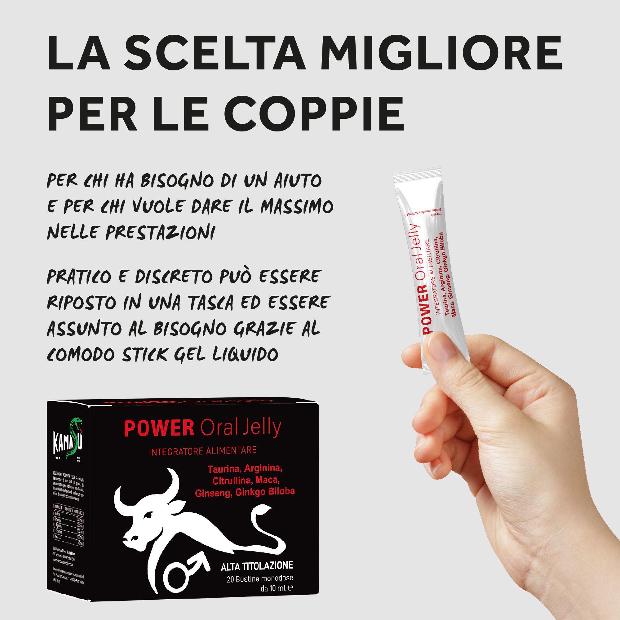 Mano che tiene una bustina bianca con nome del prodotto. Scatola accanto.