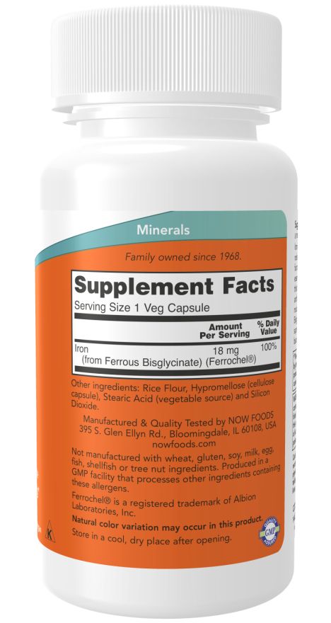 Retro di un flacone bianco con etichetta arancione. Contiene informazioni nutrizionali e ingredienti. Marchio: NOW.