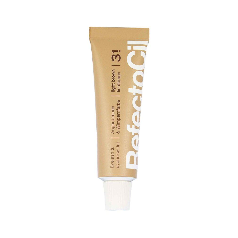 Tubo Refectocil 3.1, tinta per ciglia e sopracciglia, marrone chiaro. Tubo beige con scritta marrone. Tappo a vite bianco.