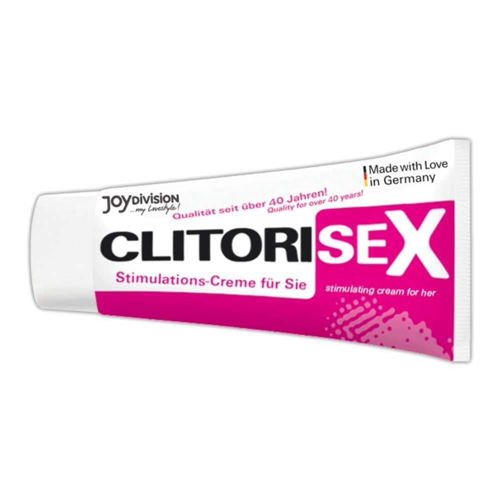 Tubo di CLITORISEX. Testo: Stimulations-Creme für Sie, stimulating cream for her. Rosa e bianco. Qualità da oltre 40 anni!